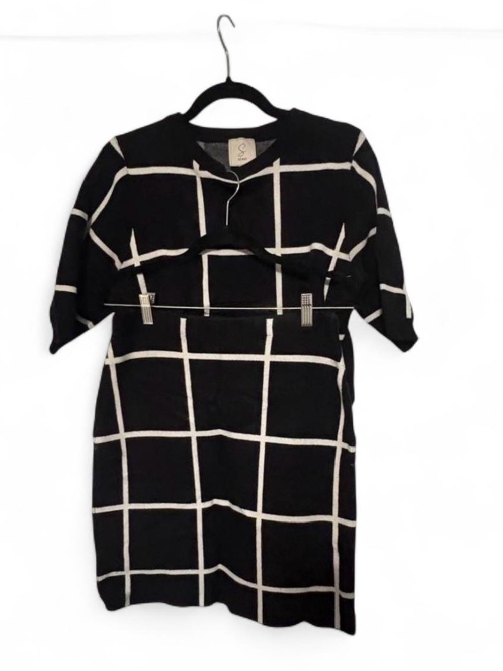 Sioni Black Windowpane Knit Dress with White Grid